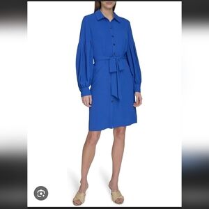 Calvin Klein Size 14 Extra Large Beautiful Long Sleeve Blue Button-Up Dress NEW